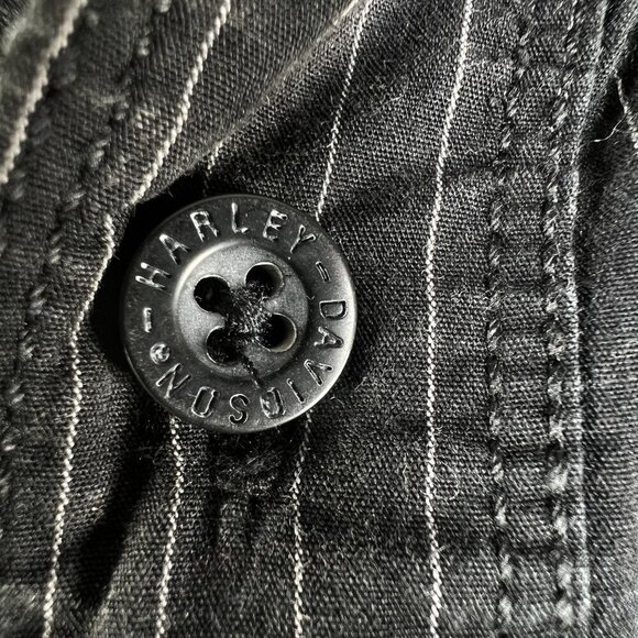 Harley-Davidson Mens L Black Striped Short Sleeve Button-Up Mechanic Shirt Biker - Picture 7 of 16